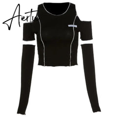 Patchwork Black T-shirts Gothic One Shoulder Sleeve Y2k Crop Tops Ruffles Hem Hip Hop Techwear Women Tees Aiertu