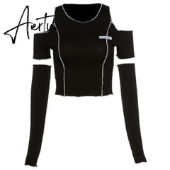 Patchwork Black T-shirts Gothic One Shoulder Sleeve Y2k Crop Tops Ruffles Hem Hip Hop Techwear Women Tees Aiertu