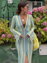 Patchwork Deep V-neck Women's Knit Dress Casual Full Flare Sleeve Crocheted Slit Long Dresses Female Autumn Party Vestidos Aiertu