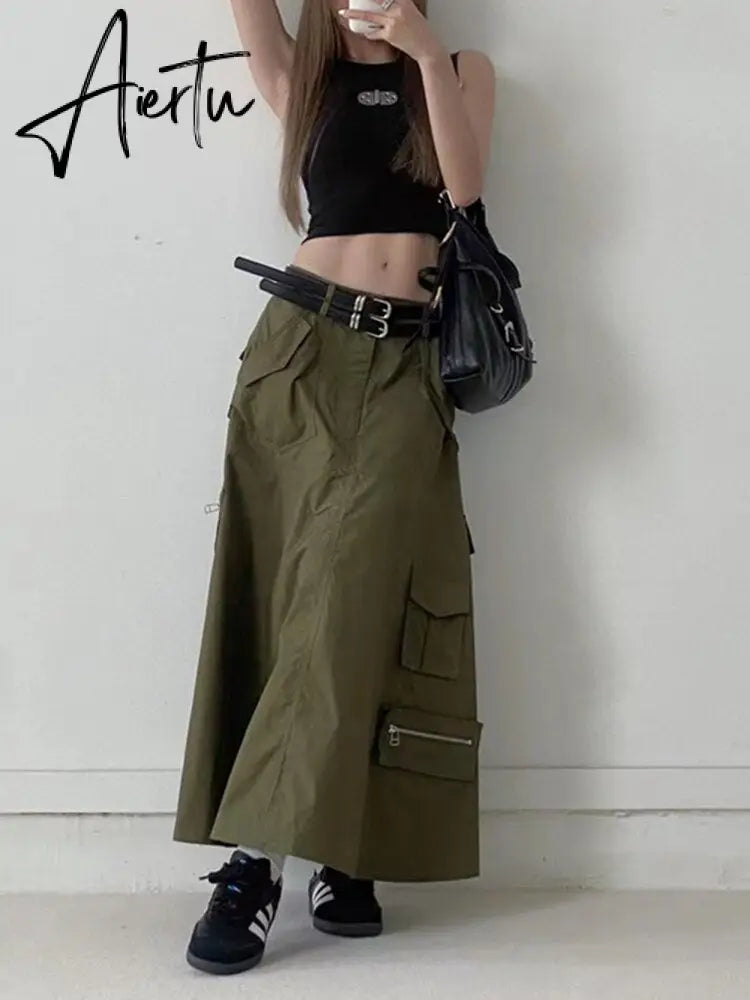 Patchwork Double Belt Skirts For Women Dropped Waist Spliced Pockets Vintage A Line Skirt Female Fashion Clothing Aiertu