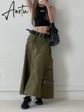 Patchwork Double Belt Skirts For Women Dropped Waist Spliced Pockets Vintage A Line Skirt Female Fashion Clothing Aiertu