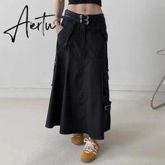 Patchwork Double Belt Skirts For Women Dropped Waist Spliced Pockets Vintage A Line Skirt Female Fashion Clothing Aiertu