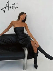 Patchwork Off-Shoulder PU Maxi Dress Female Solid Split Backless Slim High Waist Bandeau Dress For Women Fashion Y2k Dress Aiertu