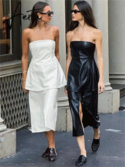 Patchwork Off-Shoulder PU Maxi Dress Female Solid Split Backless Slim High Waist Bandeau Dress For Women Fashion Y2k Dress Aiertu