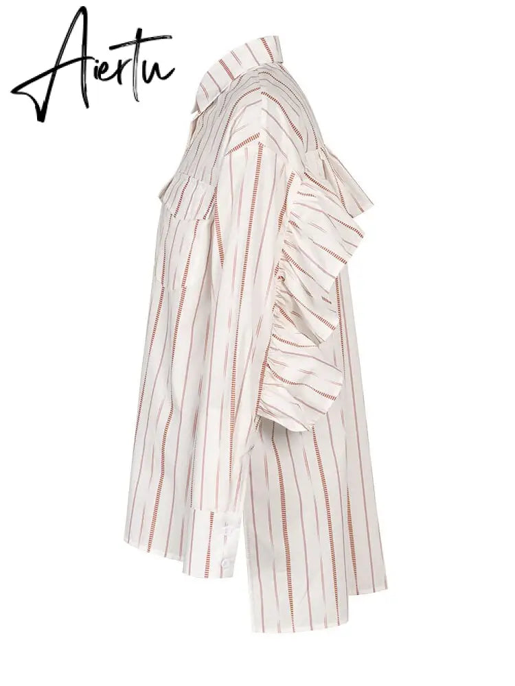 Patchwork Ruffles Striped Shirts For Women Lapel Long Sleeve Spliced Button Irregular Casual Blouse Female Clothing Aiertu