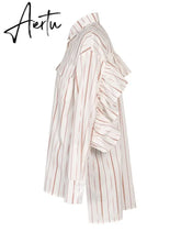 Patchwork Ruffles Striped Shirts For Women Lapel Long Sleeve Spliced Button Irregular Casual Blouse Female Clothing Aiertu