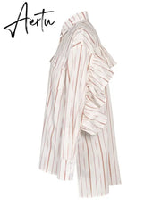 Patchwork Ruffles Striped Shirts For Women Lapel Long Sleeve Spliced Button Irregular Casual Blouse Female Clothing Aiertu