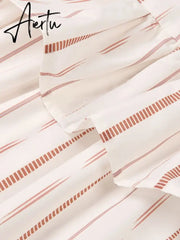Patchwork Ruffles Striped Shirts For Women Lapel Long Sleeve Spliced Button Irregular Casual Blouse Female Clothing Aiertu
