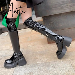 Patent Leather Chunky Platform Long Boots Women Autumn Punk Thick Heels Shoes Woman Zipper Black Motorcycle Botas De Mujer Aiertu