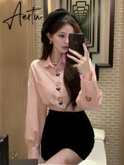 Pink Blouses Women Button Up Shirts French Embroidery Floral Loose Long Sleeve Cotton Casual Spring Sweet Chic Tops Aiertu