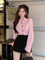 Pink Blouses Women Button Up Shirts French Embroidery Floral Loose Long Sleeve Cotton Casual Spring Sweet Chic Tops Aiertu