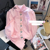 Pink Blouses Women Button Up Shirts French Embroidery Floral Loose Long Sleeve Cotton Casual Spring Sweet Chic Tops Aiertu