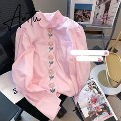 Pink Blouses Women Button Up Shirts French Embroidery Floral Loose Long Sleeve Cotton Casual Spring Sweet Chic Tops Aiertu