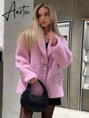 Pink Lapel Woolen Elegant Women Autumn Winter Coat Long Sleeve Single Breasted Loose Oversized Jacket Chic Casual Outwears Aiertu