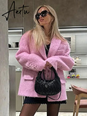 Pink Lapel Woolen Elegant Women Autumn Winter Coat Long Sleeve Single Breasted Loose Oversized Jacket Chic Casual Outwears Aiertu