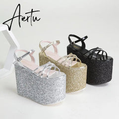 Platform Block Heel Sandals For Women Bling Shoes Buckle Strap Super High Heels Goth Gothic Open Toe Summer New Trendy Aiertu