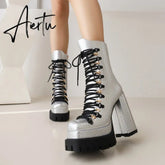 Aiertu Platform Boots For Women Lace Up Chunky Heel Fashion Brand Shoes Winter Autumn Candy Color Ankle Short Boots Sugar Sexy Aiertu