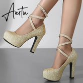 Platform High Heels Women Pumps Shoes 2023 Spring Straps Gold Silver Heeled Wedding Office Party Shoes Female Large Size 45 50 Aiertu
