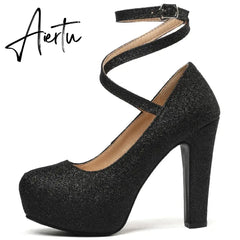 Platform High Heels Women Pumps Shoes 2023 Spring Straps Gold Silver Heeled Wedding Office Party Shoes Female Large Size 45 50 Aiertu