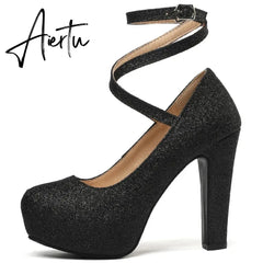 Platform High Heels Women Pumps Shoes 2023 Spring Straps Gold Silver Heeled Wedding Office Party Shoes Female Large Size 45 50 Aiertu