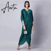 Pleated Dress Woman Tassel Batwing Sleeve Loose Casual Style V Collar Long Dresses Summer Fashion Fast Delivery Aiertu