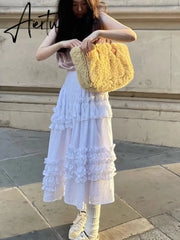 Pleated ear edge high waist Casual Long skirt with split back Women Summer Fashion Simple Sweet Clothing y2k Aiertu
