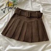 Pleated Mini Skirts Women Japan Students Corduroy Preppy Style Autumn Winter Basic Solid Bottoms Chic Vintage JK Slim All-match Aiertu