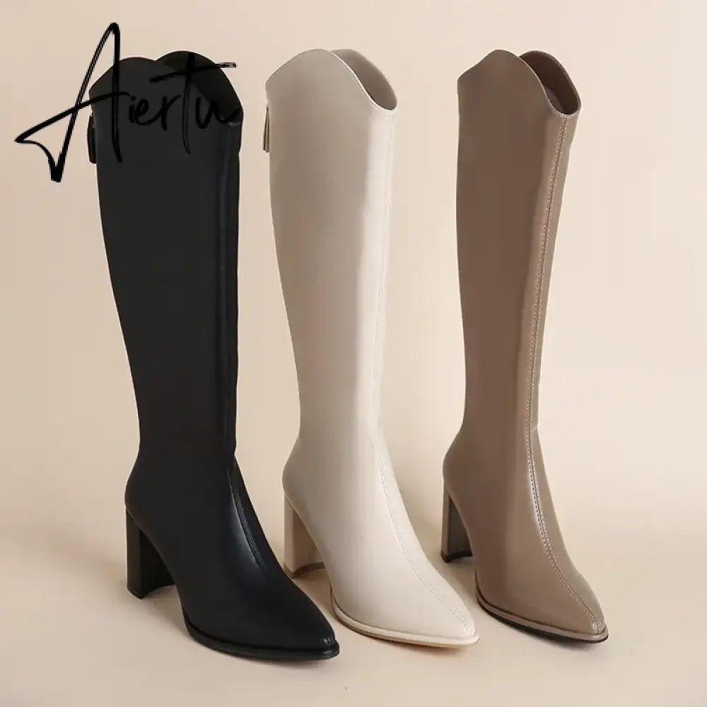 Plus Size 34-43 New Women Boots Zipper Thick High Heels Simple Thick High Heels Autumn Winter Boots Knee High Botas Aiertu