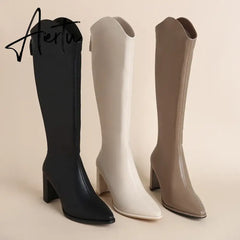 Plus Size 34-43 New Women Boots Zipper Thick High Heels Simple Thick High Heels Autumn Winter Boots Knee High Botas Aiertu