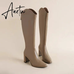 Plus Size 34-43 New Women Boots Zipper Thick High Heels Simple Thick High Heels Autumn Winter Boots Knee High Botas Aiertu