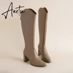 Plus Size 34-43 New Women Boots Zipper Thick High Heels Simple Thick High Heels Autumn Winter Boots Knee High Botas Aiertu