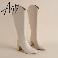 Plus Size 34-43 New Women Boots Zipper Thick High Heels Simple Thick High Heels Autumn Winter Boots Knee High Botas Aiertu