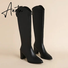 Plus Size 34-43 New Women Boots Zipper Thick High Heels Simple Thick High Heels Autumn Winter Boots Knee High Botas Aiertu