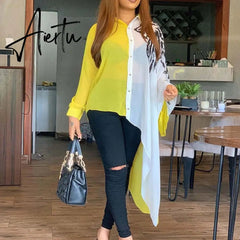 Plus Size 3xl Color Block Yellow Asymmetrical Long Sleeve Blouse Shirt Women Afircan Office Ladies Casual Fall Autumn Tops Aiertu
