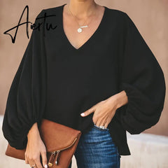 Plus Size Long Lantern Sleeve Chiffon Shirt Women Spring Summer Fall Solid Color V-neck Loose Blouse Female Fashion Casual Tops Aiertu