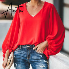 Plus Size Long Lantern Sleeve Chiffon Shirt Women Spring Summer Fall Solid Color V-neck Loose Blouse Female Fashion Casual Tops Aiertu