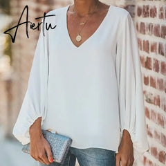 Plus Size Long Lantern Sleeve Chiffon Shirt Women Spring Summer Fall Solid Color V-neck Loose Blouse Female Fashion Casual Tops Aiertu