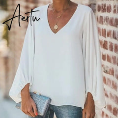 Plus Size Long Lantern Sleeve Chiffon Shirt Women Spring Summer Fall Solid Color V-neck Loose Blouse Female Fashion Casual Tops Aiertu