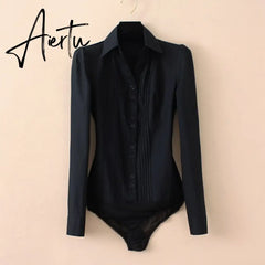 Plus Size Solid Color Turn-down Collar V Neck Bodysuit Women Shirts Front Pleated White Blouse Office Ladies Tops Black Blue 5XL Aiertu