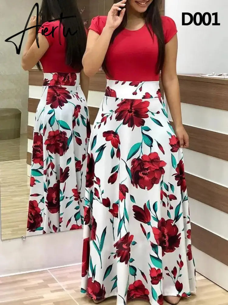 Plus Size Women's Summer Print Stitching Flower Long Banquet Dress Bodycon Dress Elegant Sexy Woman Super Long Dress Aiertu