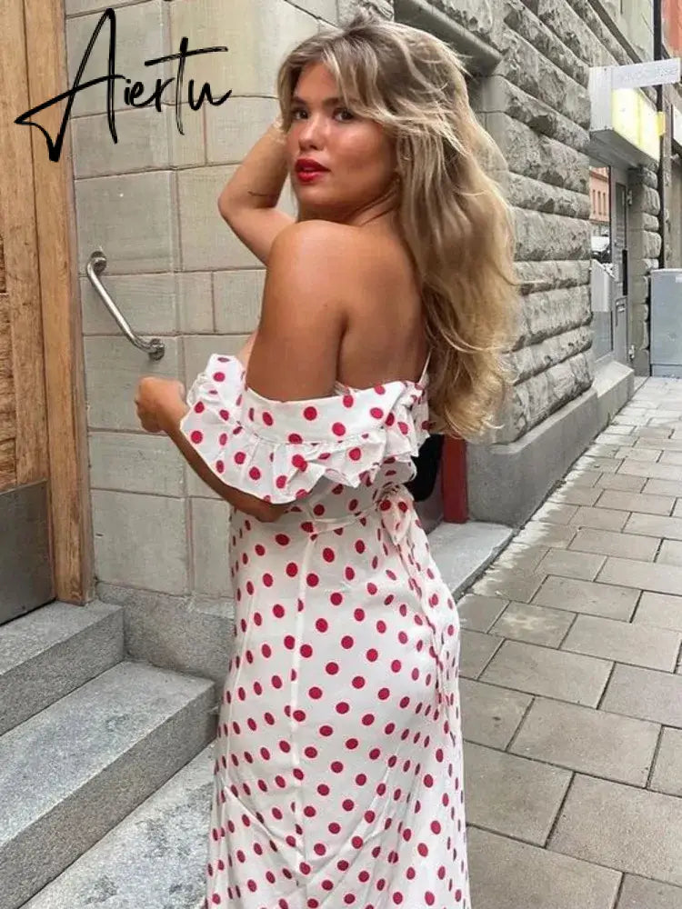 Polka Dot Ruffles Bandage Maxi Dress Women Off Shoulder Slim Elegant Party Dress Summer Beach Holiday Sundresses Aiertu
