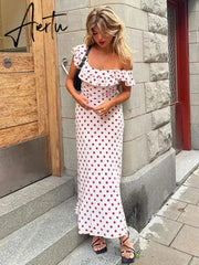 Polka Dot Ruffles Bandage Maxi Dress Women Off Shoulder Slim Elegant Party Dress Summer Beach Holiday Sundresses Aiertu