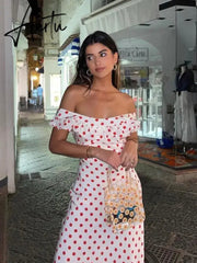 Polka Dot Ruffles Bandage Maxi Dress Women Off Shoulder Slim Elegant Party Dress Summer Beach Holiday Sundresses Aiertu