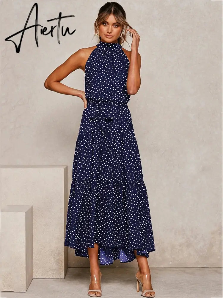 Polka Dots Vintage Women Summer Halter Maxi Boho Dress Sleevless Navy Blue Floral Print Long Sash Beige A-line Beach Casual Robe Aiertu