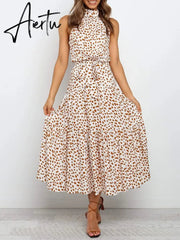 Polka Dots Vintage Women Summer Halter Maxi Boho Dress Sleevless Navy Blue Floral Print Long Sash Beige A-line Beach Casual Robe Aiertu