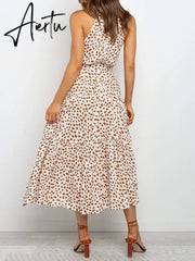 Polka Dots Vintage Women Summer Halter Maxi Boho Dress Sleevless Navy Blue Floral Print Long Sash Beige A-line Beach Casual Robe Aiertu