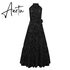 Polka Dots Vintage Women Summer Halter Maxi Boho Dress Sleevless Navy Blue Floral Print Long Sash Beige A-line Beach Casual Robe Aiertu