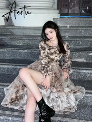 Print Floral Evening Dress Women Vintage Mesh Midi Party Dress Female Puff Sleeve Sweet Dress Square Collar Autumn Beach Dress Aiertu
