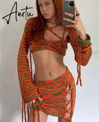 Print Knitting Women Long Sleeve Crop Top Drawstring Mini Dress 2 Piece Set Autumn Y2K Streetwear Outfit Fashion Aiertu