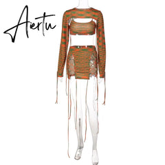Print Knitting Women Long Sleeve Crop Top Drawstring Mini Dress 2 Piece Set Autumn Y2K Streetwear Outfit Fashion Aiertu